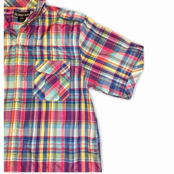 Red Ape Shirt Men's 2XL Short Sleeve Button Up Multicolor Plaid Pocket Casual - Picture 4 of 5